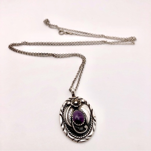 Vtg Navajo Sterling Silver Purple Mojave Mohave Stone Floral Necklace 22” +1.4” - Picture 2 of 12